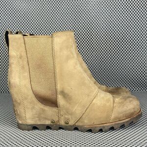 Sorel Lea Wedge Ankle Boots Womens Size 8 Camel Brown Leather Waterproof Pull On